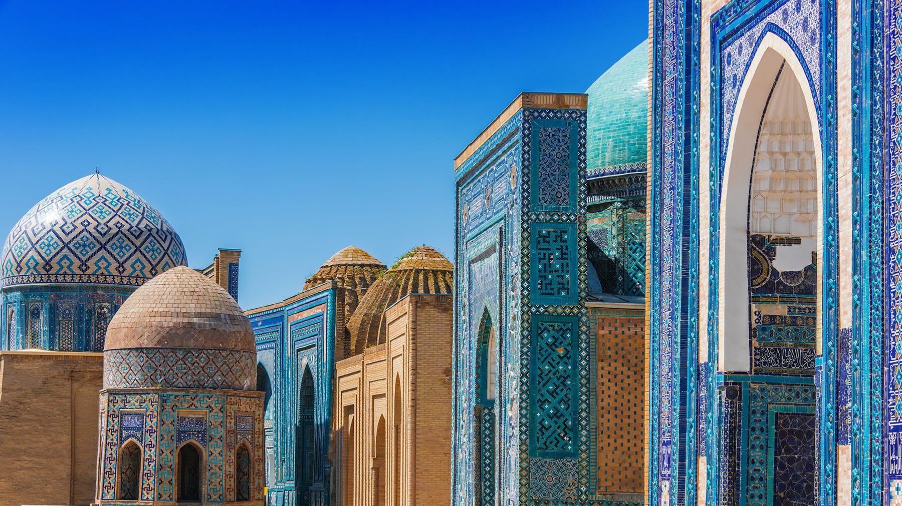 Colorful buildings in Samarkand, Uzbekistan. Shah-i-Zinda, a necropolis